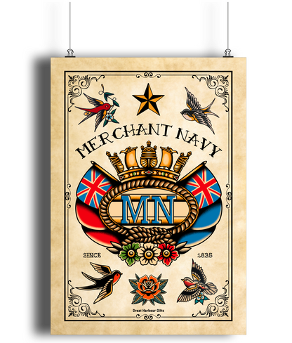 Poster print, Merchant Navy badge tattoo style (A4 size fine art bamboo paper)