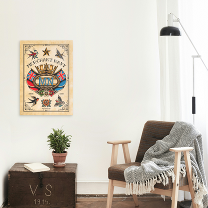 Poster print, Merchant Navy badge tattoo style (A4 size fine art bamboo paper)