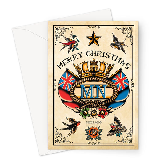 Nautical Christmas card (Old-school sailor tattoo Merchant Navy badge and swallows)