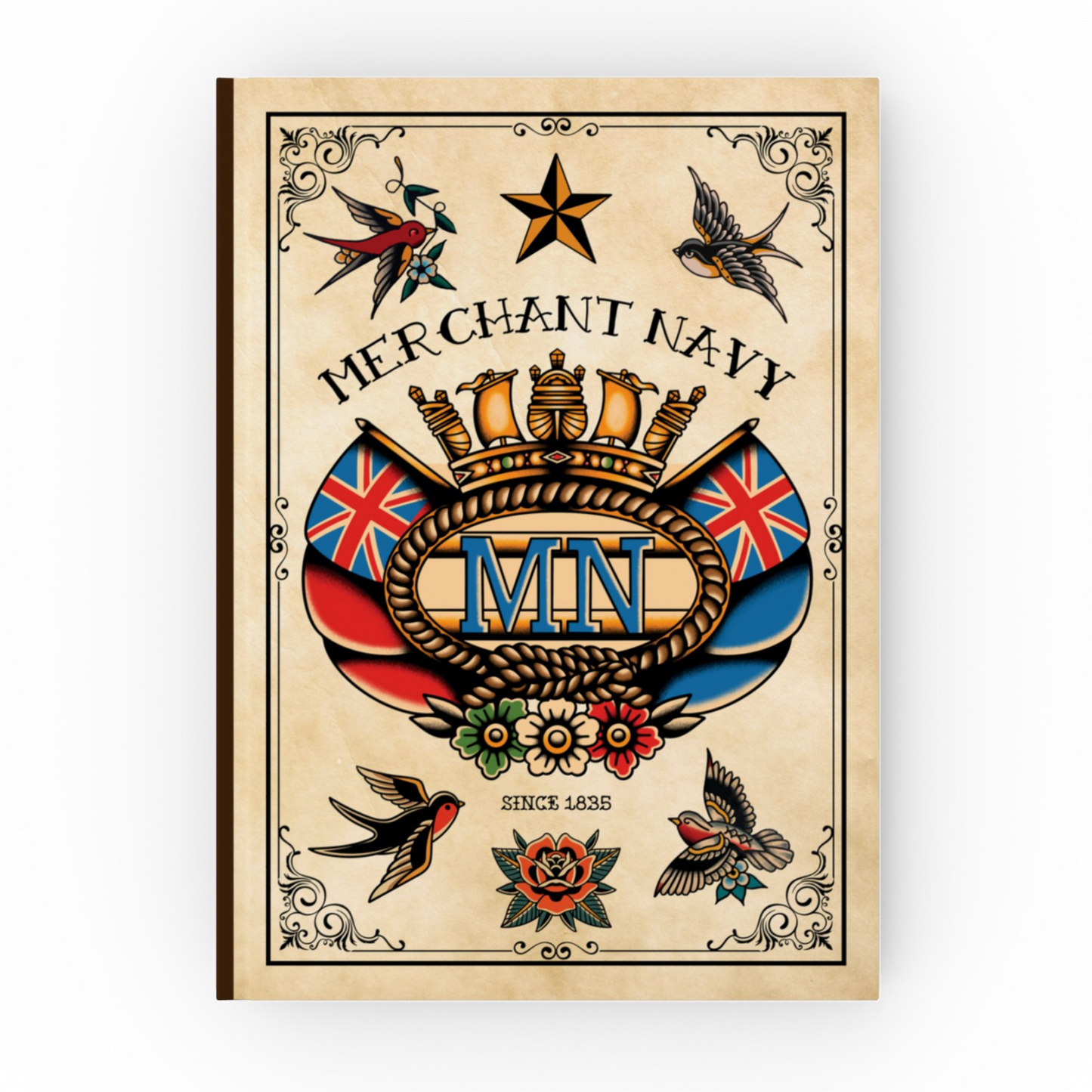 Hardback Notebook (Vintage style sailor tattoo inspired Merchant Navy badge and swallows)