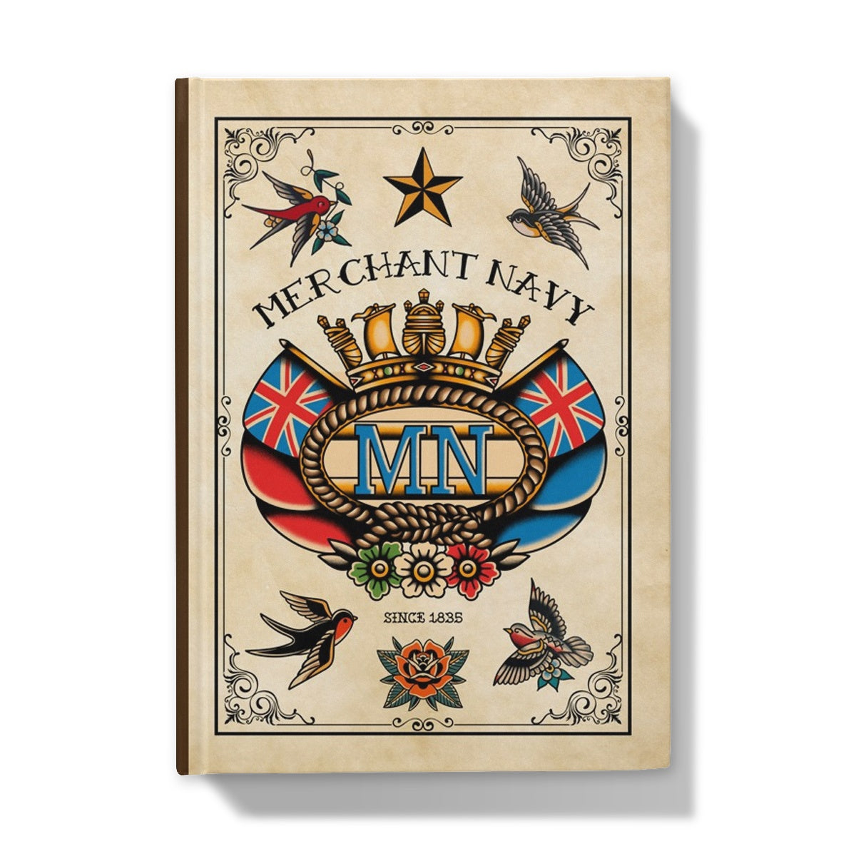 Hardback Notebook (Vintage style sailor tattoo inspired Merchant Navy badge and swallows)