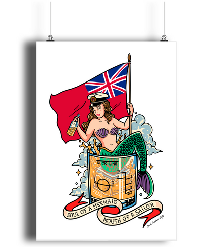 Poster print (Sailor tattoo design Merchant Navy mermaid)