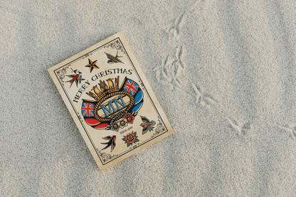 Nautical Christmas card (Old-school sailor tattoo Merchant Navy badge and swallows)