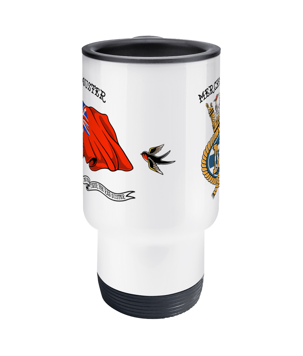 Travel Mug, Red duster, swallows and Merchant Navy badge.