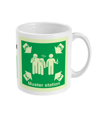 Funny crew bar MUG, muster station IMO signage Great Harbour Gifts