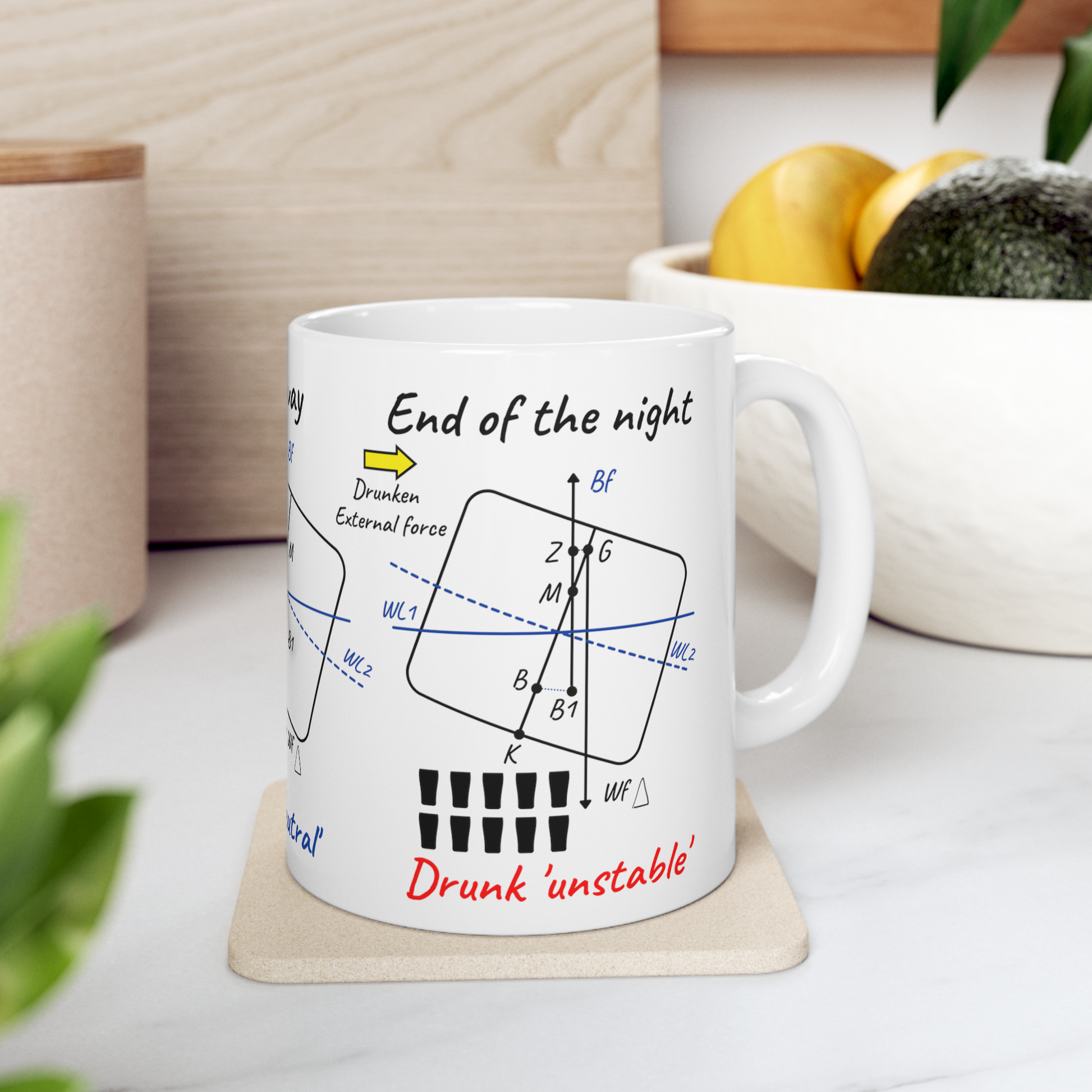 Funny ship's stability mug, Three stages of drunkenness! Great Harbour Gifts