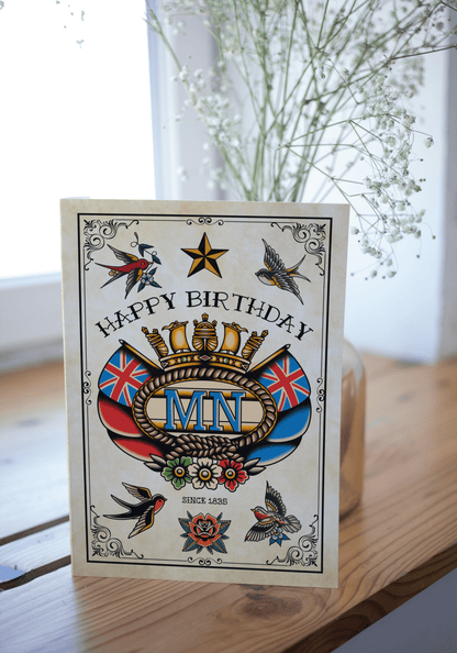 Nautical Birthday card, Sailor tattoo themed Merchant Navy crest