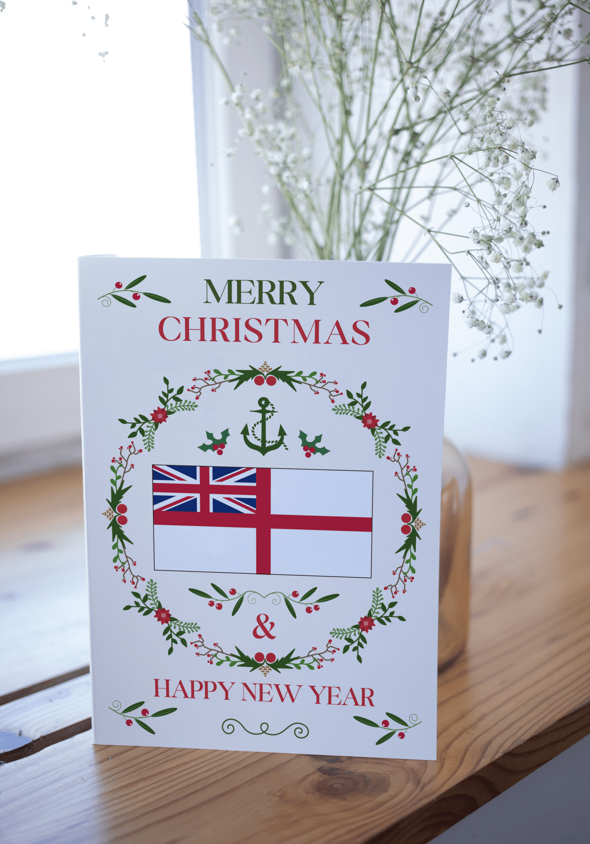 Nautical Christmas card, Royal Navy white ensign , wreath and holly Great Harbour Gifts