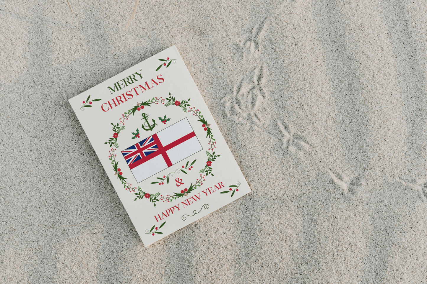 Nautical Christmas card, Royal Navy white ensign , wreath and holly Great Harbour Gifts