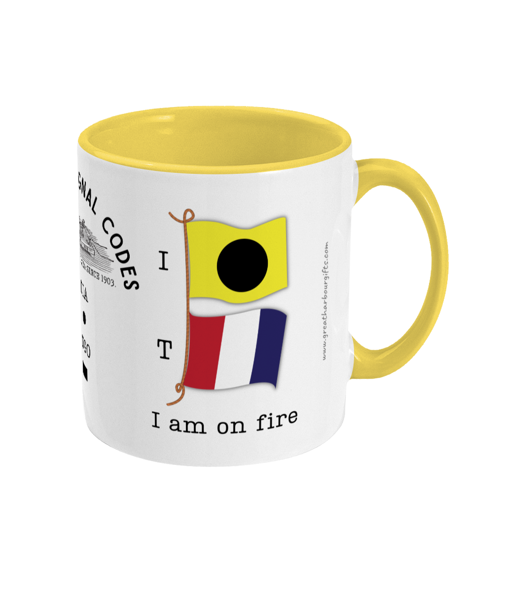 Nautical code flag mug, I am on fire Great Harbour Gifts