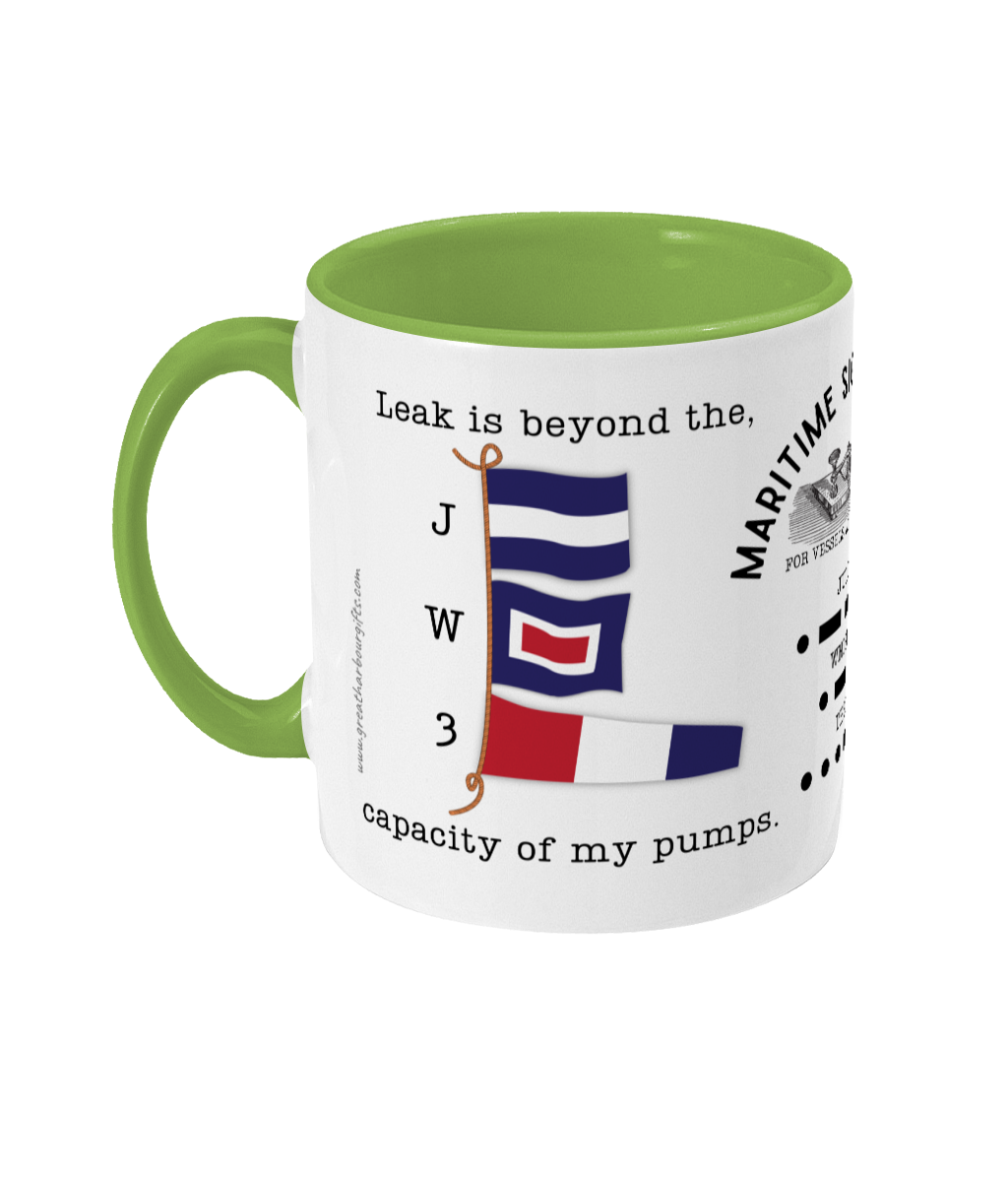 Nautical code flag mug, Leak is beyond the capacity of my pumps Great Harbour Gifts