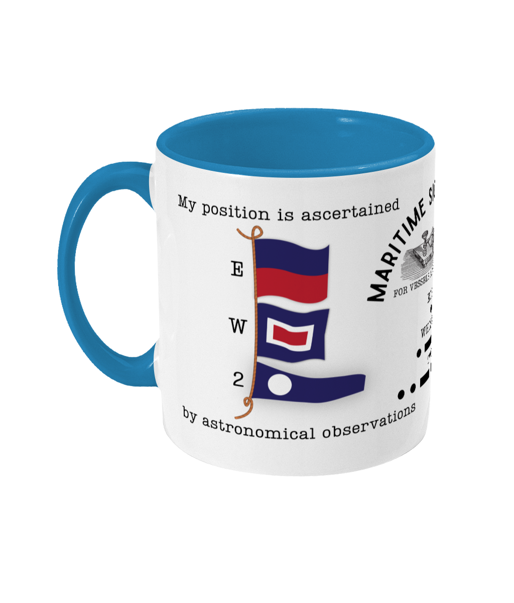 Nautical code flag mug, My position is ascertained by astronomical observations Great Harbour Gifts