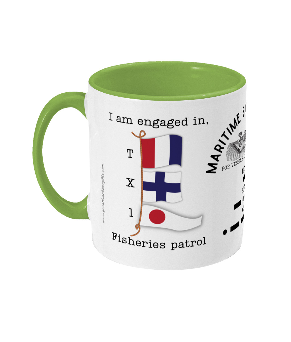 Nautical flag mug, I am engaged in fisheries patrol Great Harbour Gifts