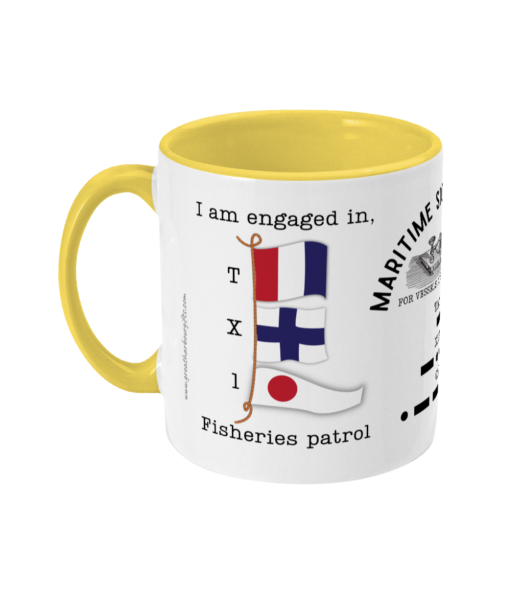 Nautical flag mug, I am engaged in fisheries patrol Great Harbour Gifts