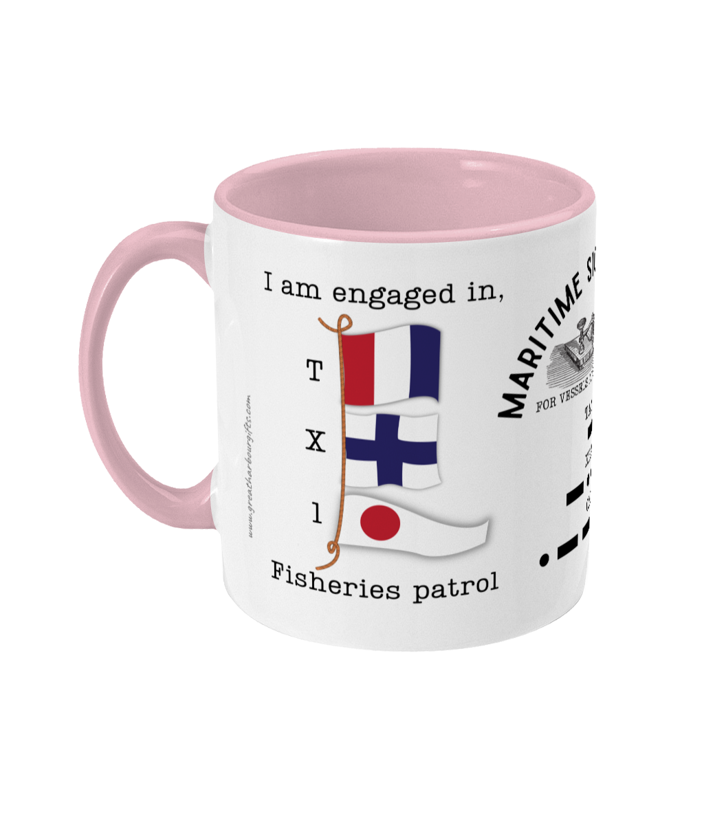 Nautical flag mug, I am engaged in fisheries patrol Great Harbour Gifts