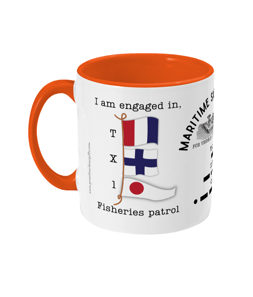 Nautical flag mug, I am engaged in fisheries patrol Great Harbour Gifts