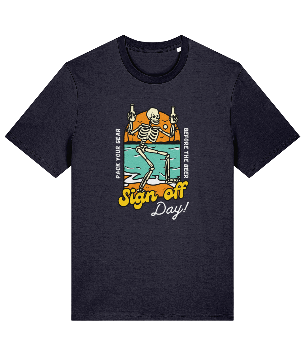 Organic cotton unisex t-shirt (Sign off day) Pack your gear, before the beer! Great Harbour Gifts