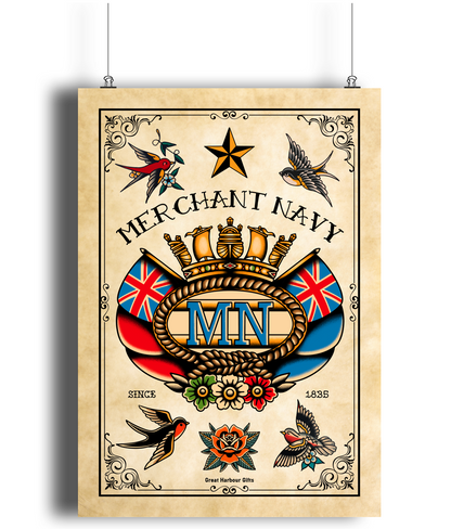 Poster print, Merchant Navy badge tattoo themed (A3 size fine art bamboo paper)