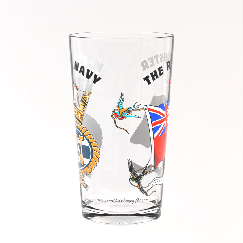 Pint glass, British Merchant Navy red duster and badge