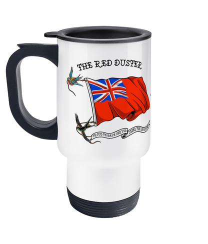 Travel Mug, Red duster, swallows and Merchant Navy badge.