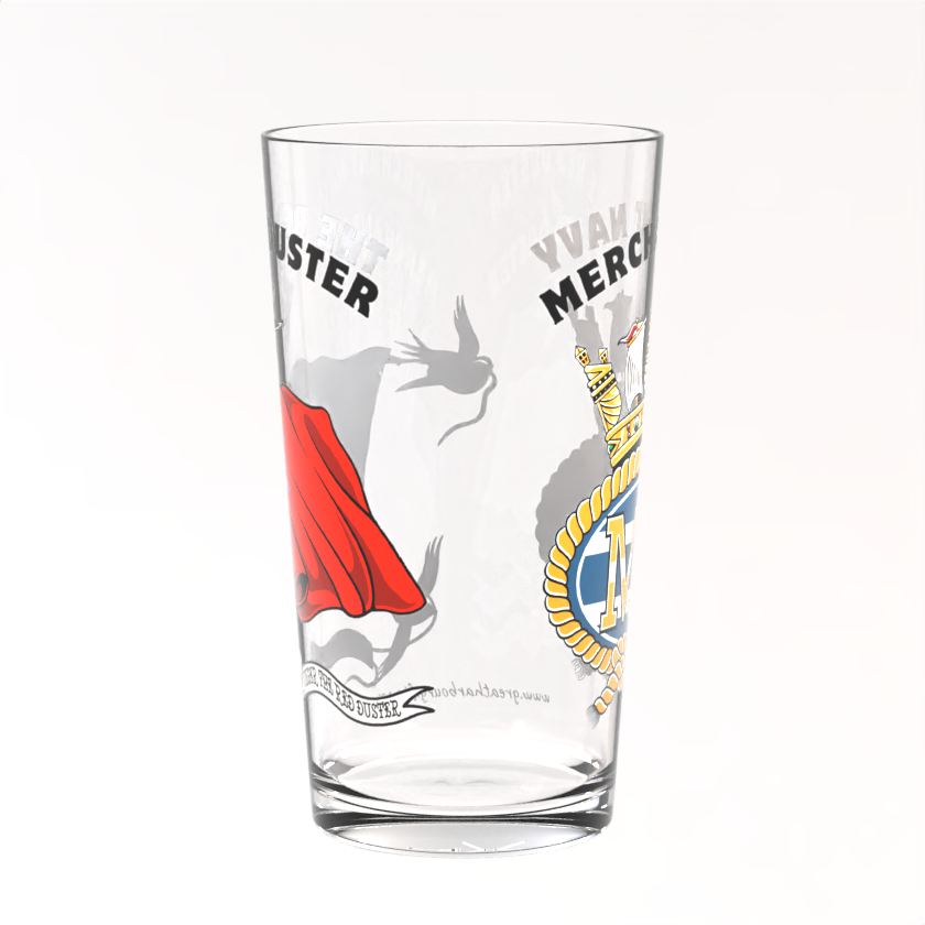 Pint glass, British Merchant Navy red duster and badge