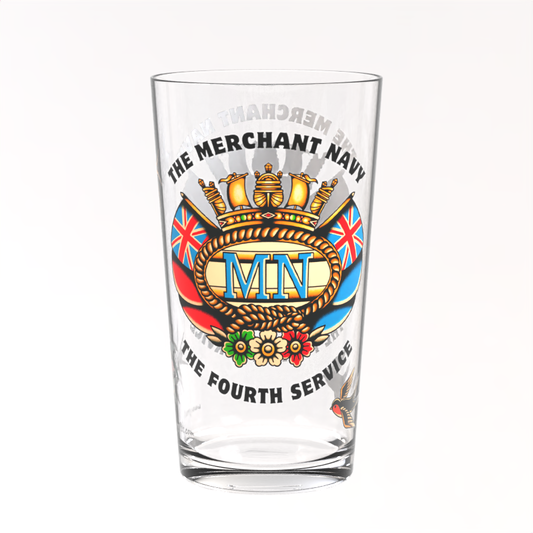 Pint glass, sailor tattoo Merchant Navy badge and swallows