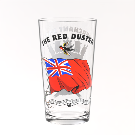 Pint glass, British Merchant Navy red duster and badge