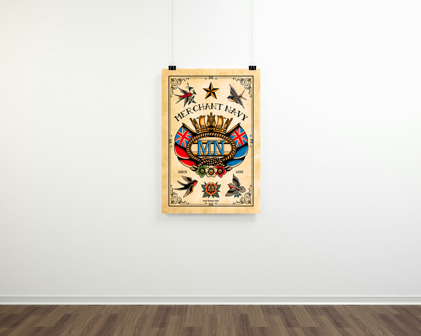 Poster print, Merchant Navy badge tattoo style (A4 size fine art bamboo paper)