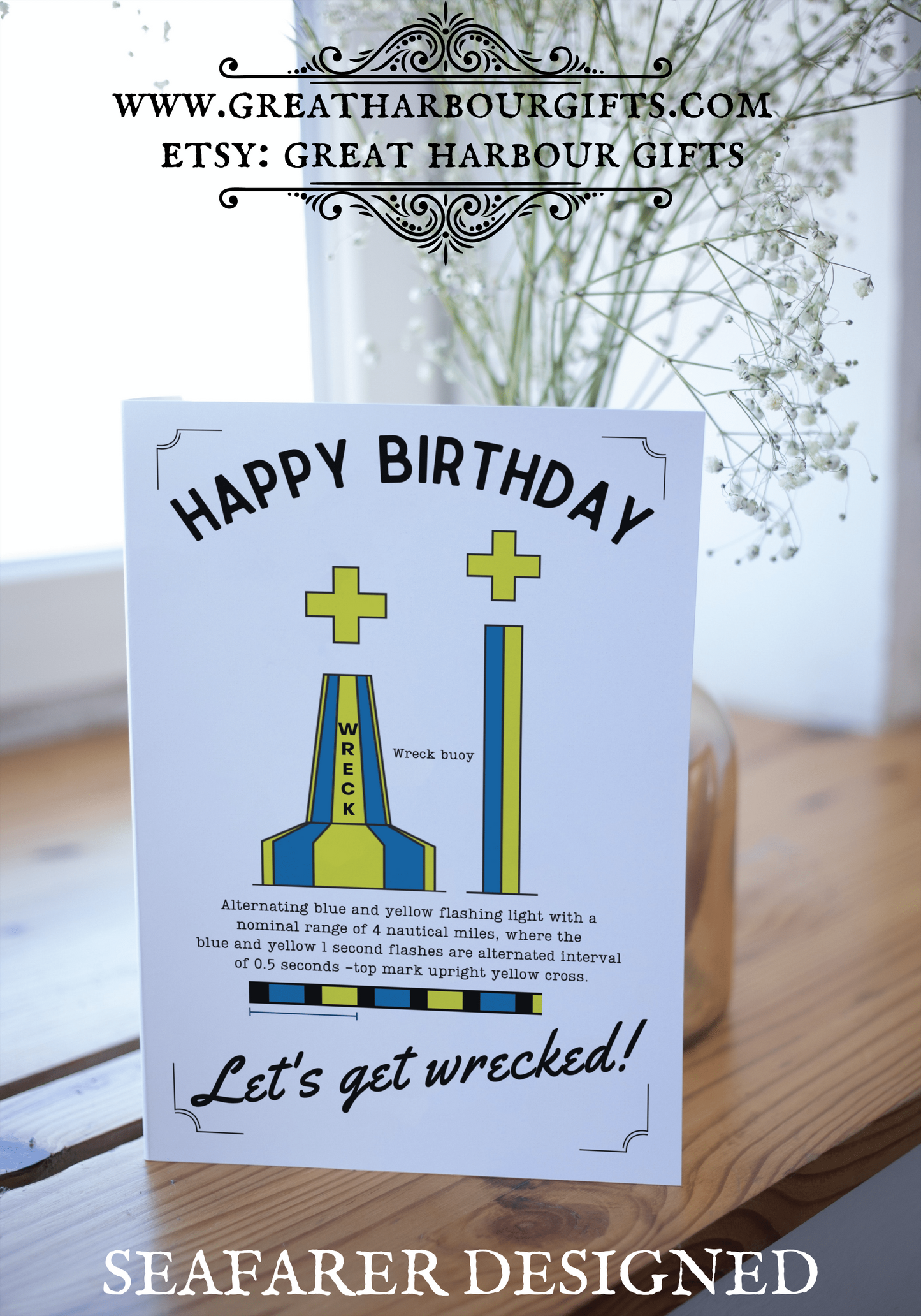 Nautical Birthday card, wreck buoy "Let's get wrecked!" Great Harbour Gifts